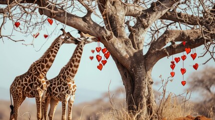 Canvas Print -  two giraffes standing next to each other near a tree with hearts hanging from it's branches.