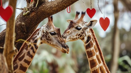 Sticker -  two giraffes standing next to each other under a tree with hearts hanging from it's branches.