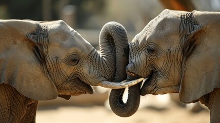 Canvas Print -  two elephants with their trunks touching each other's trunks in a close up view of two elephants with their trunks touching each other's trunks.