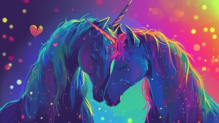 Poster -  a close up of a horse with a heart on it's forehead and a rainbow - hued background.