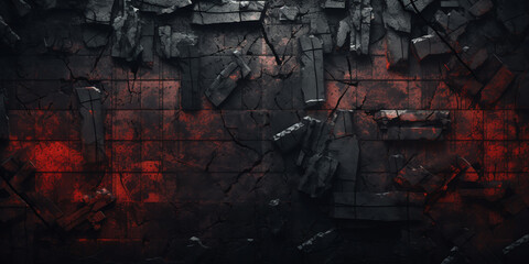 black charred wall with a red fiery glow, brutal chaotic geometry, screensaver, background, banner, 