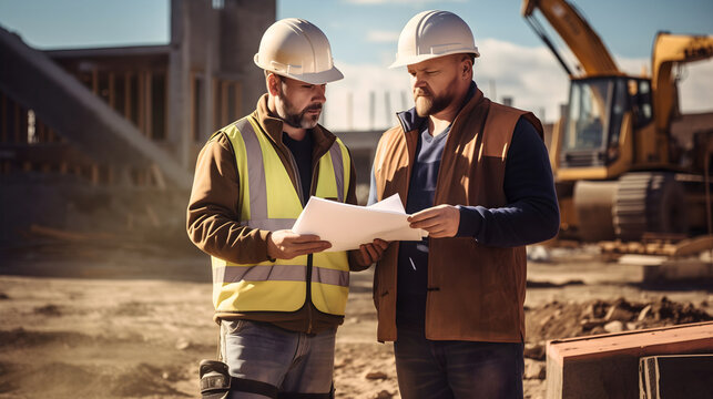 Two construction workers standing on a construction site, looking at the paper blueprint building plan or project, bulldozer machines or excavators earth mover doing the digging work in the background