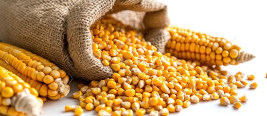 Poster - Corn seeds in burlap sack with cob isolated on white.