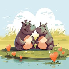 Canvas Print - Illustration of two hippos in love looking at each other