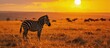 Landscape with zebra in the African savannah and sunset in the background. Generative AI