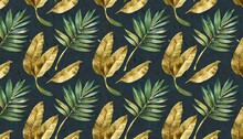 Tropical Exotic Seamless Pattern With Golden Green Banana Leaves Palm On Night Dark Background Premium Hand Drawn Textured Vintage 3d Illustration Good For Luxury Wallpapers Cloth Fabric Printing