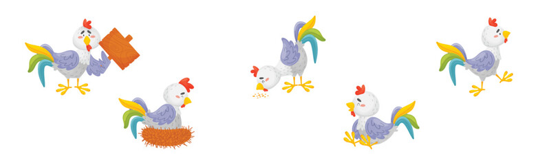 Poster - Funny Rooster or Cockerel Character in Different Pose Vector Set