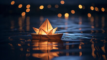 A Candle In An Origami Boat. Paper Origami Sailboat