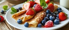 Crepe With Fruits And Yogurt On The Table For Breakfast.