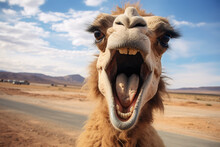 Surprised Or Angry Funny Camel With An Open Mouth On The Background Of The Sahara Sands. Humorous Photography