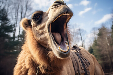 Wall Mural - Surprised or angry funny camel with an open mouth on the background of the Sahara sands. Humorous photography