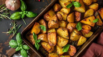 Wall Mural - Roasted potatoes cut varied in baking tray with basil and rosemary, top view, flat lay. Delicious home cooking.
