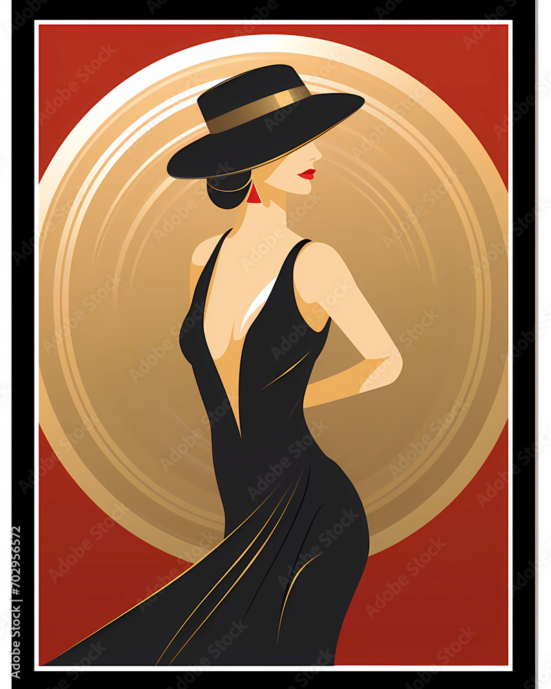 Woman in a black evening gown attending gala. Art Deco style. 1920s ...