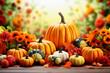 © Minhas - Background of autumn with pumpkins and maple leavesBackground of Thanksgiving or the harvest