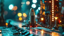 A Lego Spaceship On A Launch Pad, Set Against A Space Backdrop, With A Strong Sense Of Futuristic Technology.