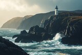 Fototapeta  - Stormy sea landscape with lighthouse on rocky coast in Ireland. Dramatic sky, ocean waves crashing on rocks, bright sun rays bursting through clouds. Lighthouse on cliff. Nature, travel, adventure