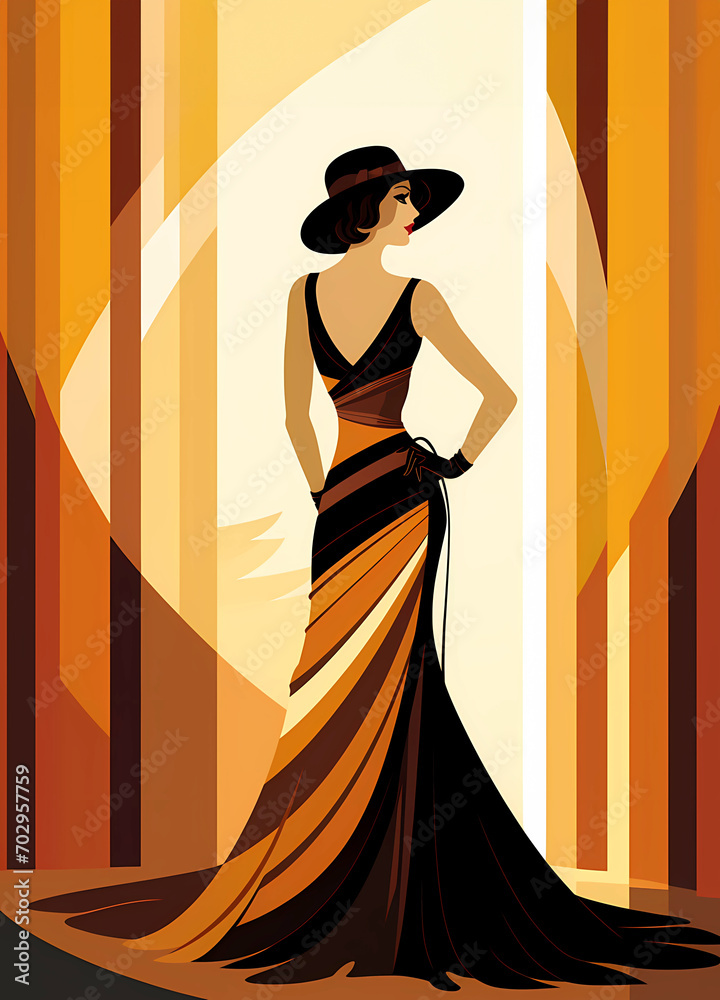 Woman in a black evening gown attending gala. Art Deco style. 1920s ...
