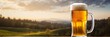 Irish beer in mug on the table on the background of evening Ireland landscape with forest and meadow. Copy space for text. St Patrick's Day celebration. Banner, header with copy space