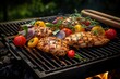 Chicken marinated fillet meat with vegetables on the grill