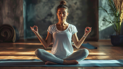 Poster - Woman sitting in the lotus position on a yoga mat, meditating with her eyes closed