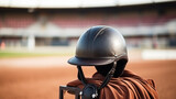 Fototapeta  - Jockey helmet, leather stack on the background of an equestrian arena