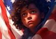 mixed race boy with curly hair, American flag in background