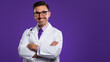 © MP Studio - Smiling doctor wearing a white lab coat with a stethoscope around his neck, standing confidently against a colored background.