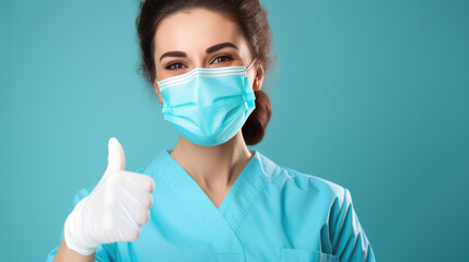 Wall Mural - Female healthcare professional in teal scrubs wearing a surgical mask and latex gloves, making a thumbs-up gesture