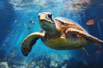 Wall Mural - Green Sea Turtle swimming in the deep blue water of the ocean, Portrait of a happy sea turtle swimming underwater, AI Generated