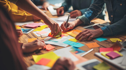 Wall Mural - ?lose-up view of several hands collaboratively working on a project with colorful sticky notes, pape