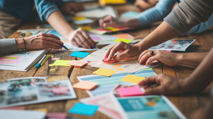 Wall Mural - ?lose-up view of several hands collaboratively working on a project with colorful sticky notes, pape