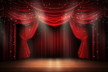 Poster - Theater stage with red curtains and spotlights. Vector illustration, Magic theater stage red curtains Show Spotlight, AI Generated