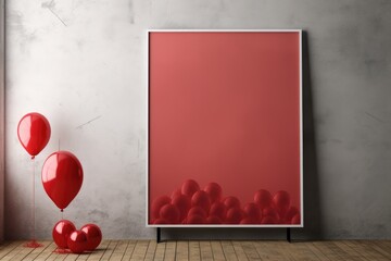 Poster - Red balloons and blank frame on concrete wall. Valentines day concept. 3D Rendering, Mock-up poster in an interior background with red balloons, AI Generated