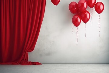 Poster - Red velvet curtain with red balloons in empty room. 3D Rendering, Mock-up poster in an interior background with red balloons, AI Generated