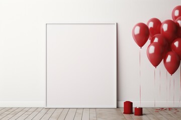Poster - White wall mock up with red balloons and empty frame. 3d illustration, Mock-up poster in an interior background with red balloons, AI Generated
