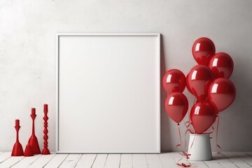 Poster - White frame mockup with red balloons in room. 3d illustration, Mock-up poster in an interior background with red balloons, AI Generated