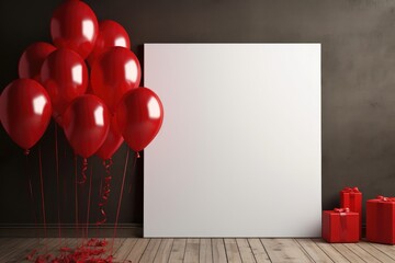 Poster - Blank white poster with red balloons and gift boxes on wooden floor. 3D Render, Mock-up poster in an interior background with red balloons, AI Generated