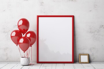 Poster - Red square frame mockup in modern interior with red balloons. 3d illustration, Mock-up poster in an interior background with red balloons, AI Generated