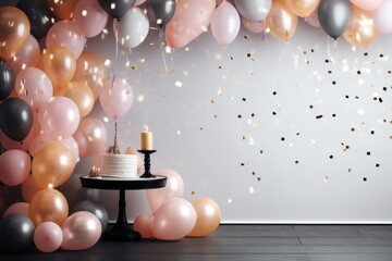 Poster - Birthday cake with candles and balloons in room, space for text, Mock-up poster in an interior background with red balloons, AI Generated