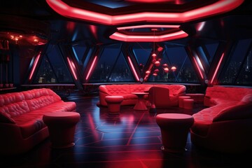 Poster - Interior of a night club with red sofas and red lights, Night club interior, AI Generated
