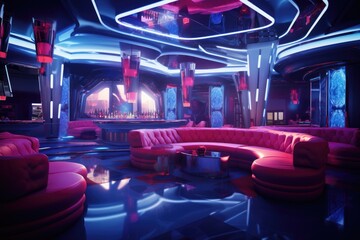 Poster - Futuristic night club interior. 3d rendering toned image, Night club interior, AI Generated