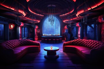 Poster - 3D rendering of the interior of a night club with red sofa, Night club interior, AI Generated