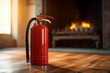 Fire extinguisher on floor indoors living room. Space for text