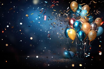 Wall Mural - Colorful balloons and confetti on dark background. 3D rendering, Party Background with lights, confetti, balloons and serpentine, AI Generated