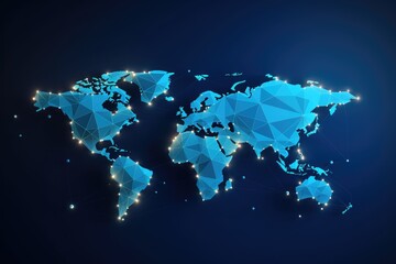 Poster - Abstract polygonal world map on dark blue background. Vector illustration, Polygon world map with blockchain technology peer-to-peer network on a blue background, AI Generated