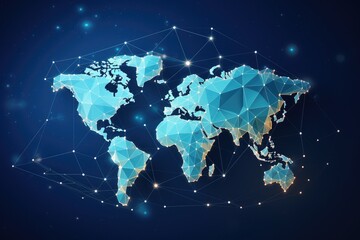 Poster - Abstract polygonal world map on blue background. Global network connection concept. Vector illustration, Polygon world map with blockchain technology peer-to-peer network on a blue, AI Generated