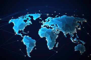 Poster - Abstract polygonal world map on blue background. Global network concept. 3D Rendering, Polygon world map with blockchain technology peer-to-peer network on a blue background, AI Generated