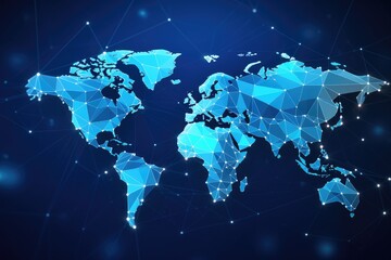 Poster - Abstract polygonal world map on dark blue background. Vector illustration, Polygon world map with blockchain technology peer-to-peer network on a blue background, AI Generated