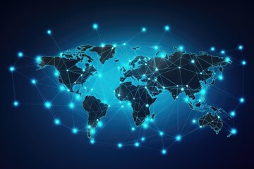 Poster - Abstract digital world map with connection lines and dots on blue background. Vector illustration, Polygon world map with blockchain technology peer-to-peer network on a blue background, AI Generated