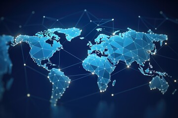 Poster - Digital world map on blue background. Technology and communication concept. 3D Rendering, Polygon world map with blockchain technology peer-to-peer network on a blue background, AI Generated